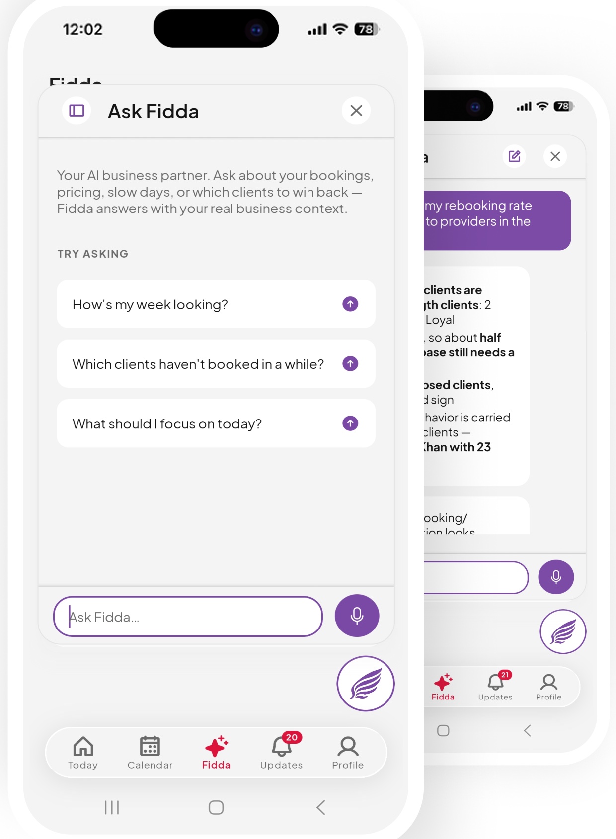 The Ask Fidda screen open over the Fidda chat in the Fidden app