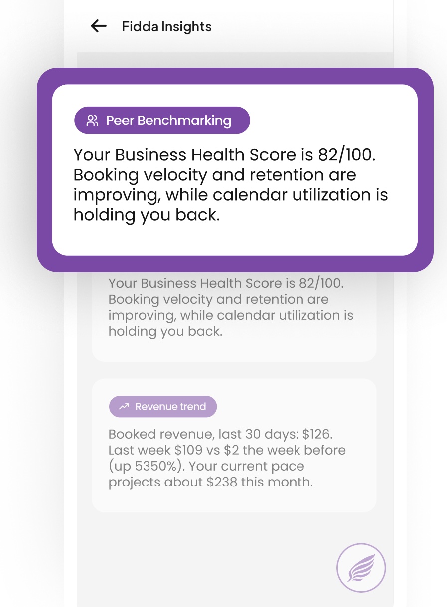 A peer benchmarking insight card comparing booking velocity and retention