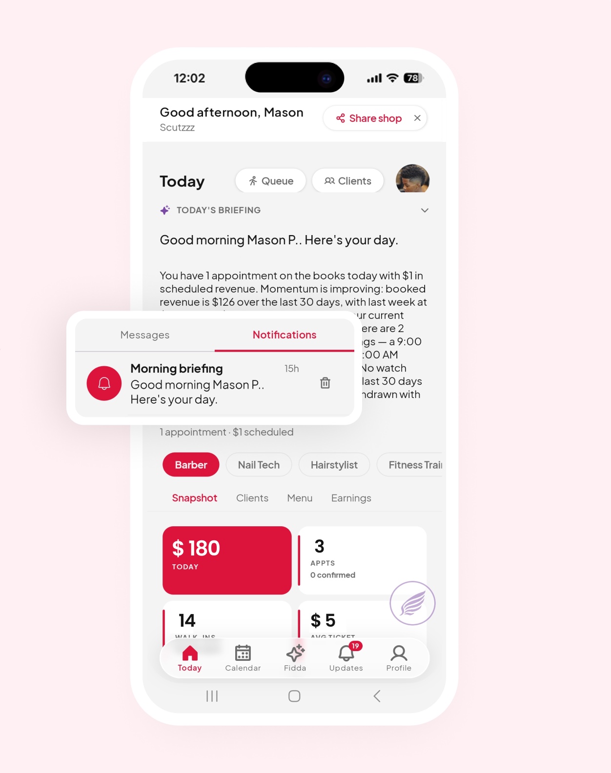 The morning briefing with the day's bookings, revenue and open decisions