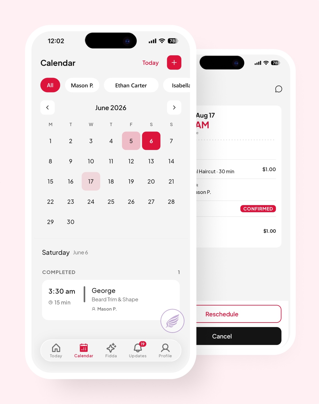 Fidda's calendar showing a quiet Saturday and the appointment it offered