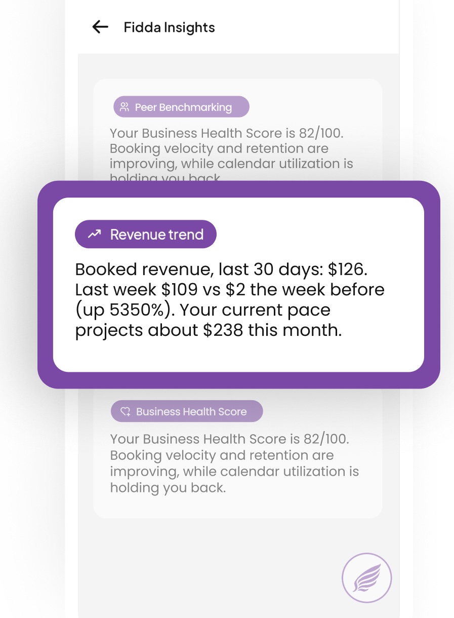 A revenue trend card projecting the month from the book as it stands