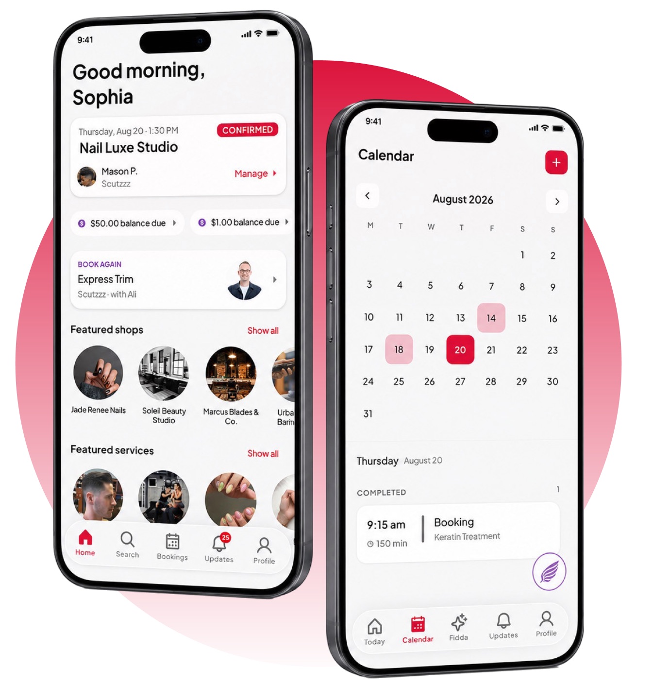 The Fidden home and calendar screens