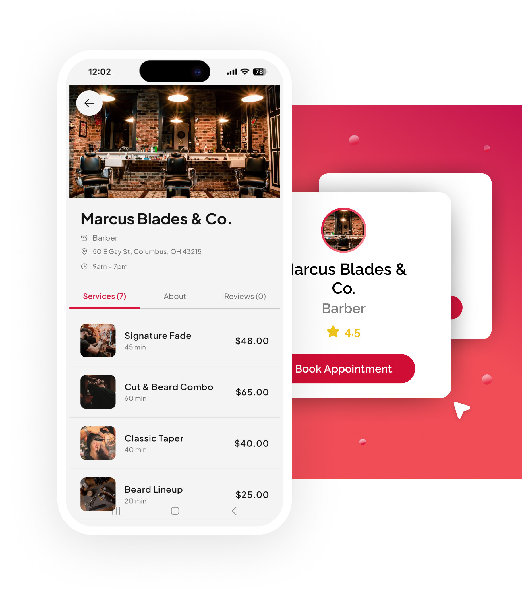 The Marcus Blades & Co. page in the Fidden app, listing fades, tapers and beard combos with prices beside the shop's booking card