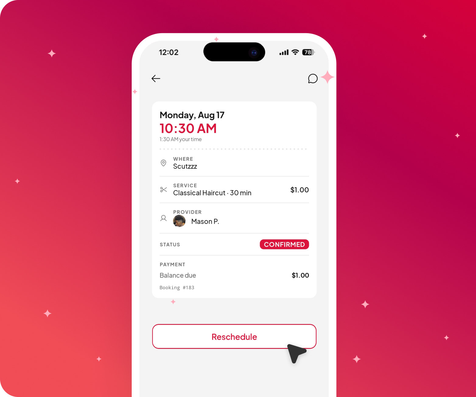 A confirmed appointment in the Fidden app, ready to reschedule