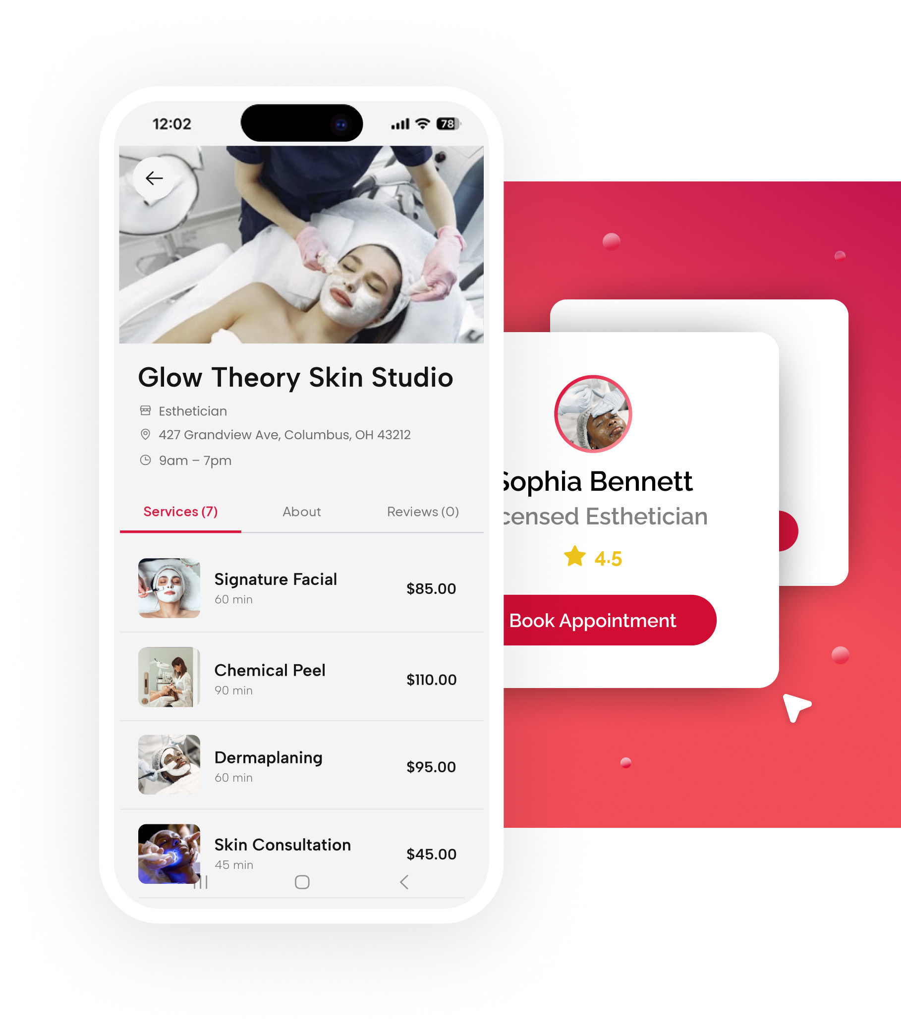 The Glow Theory Skin Studio page in the Fidden app, listing facials and peels with prices beside the studio's booking card