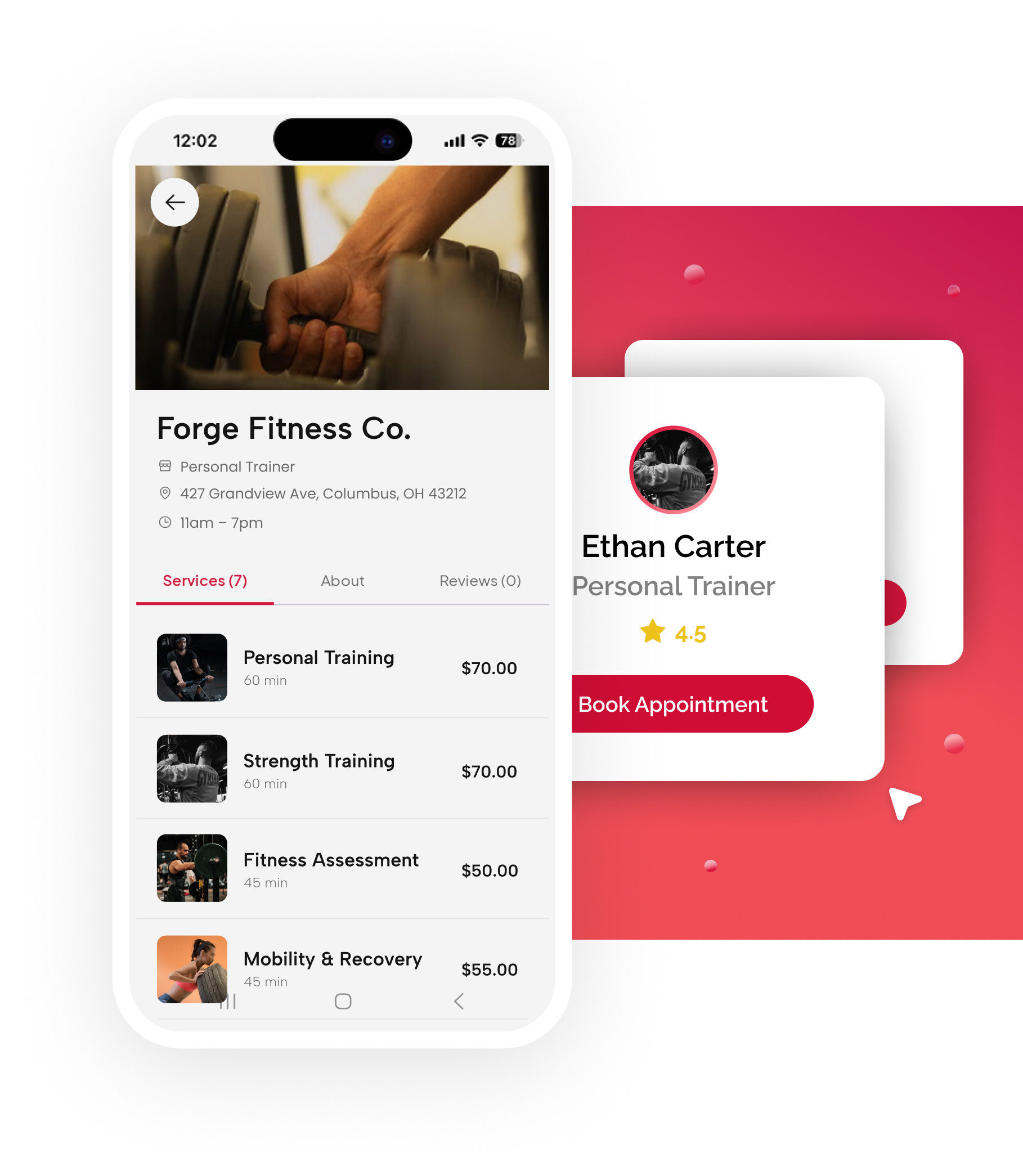The Forge Fitness Co. page in the Fidden app, listing personal training and strength sessions with prices beside the trainer's booking card