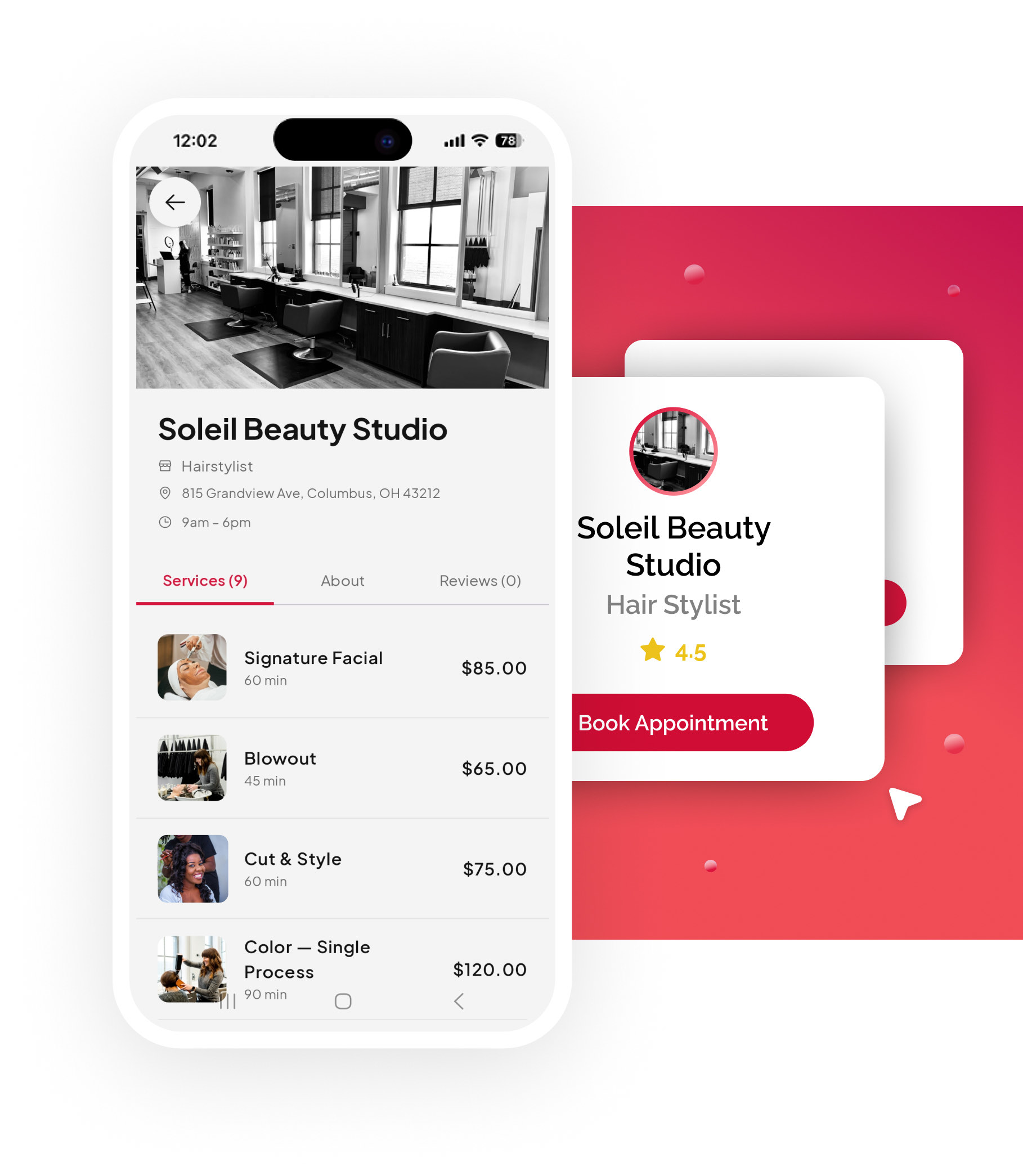 The Soleil Beauty Studio page in the Fidden app, listing its services and prices beside the studio's booking card
