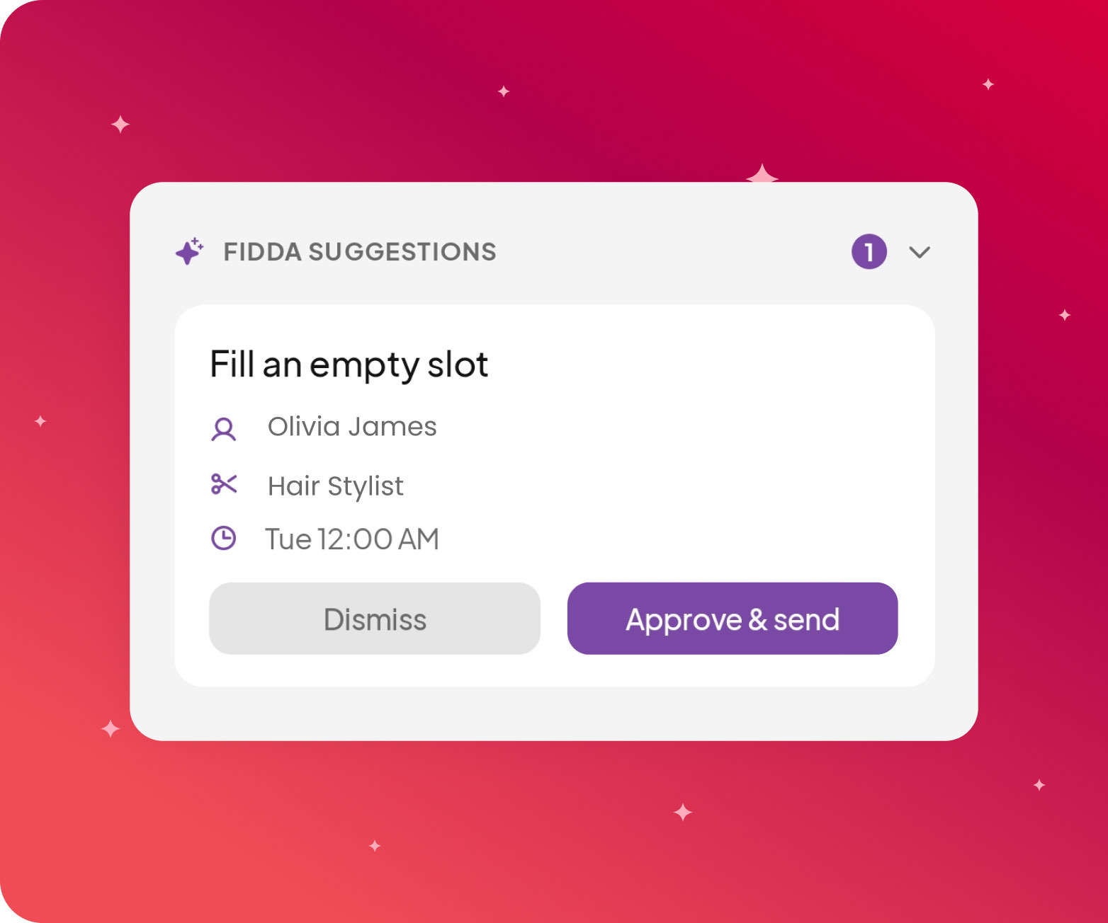 Fidda offering an empty slot to a client who is due, with dismiss and approve and send