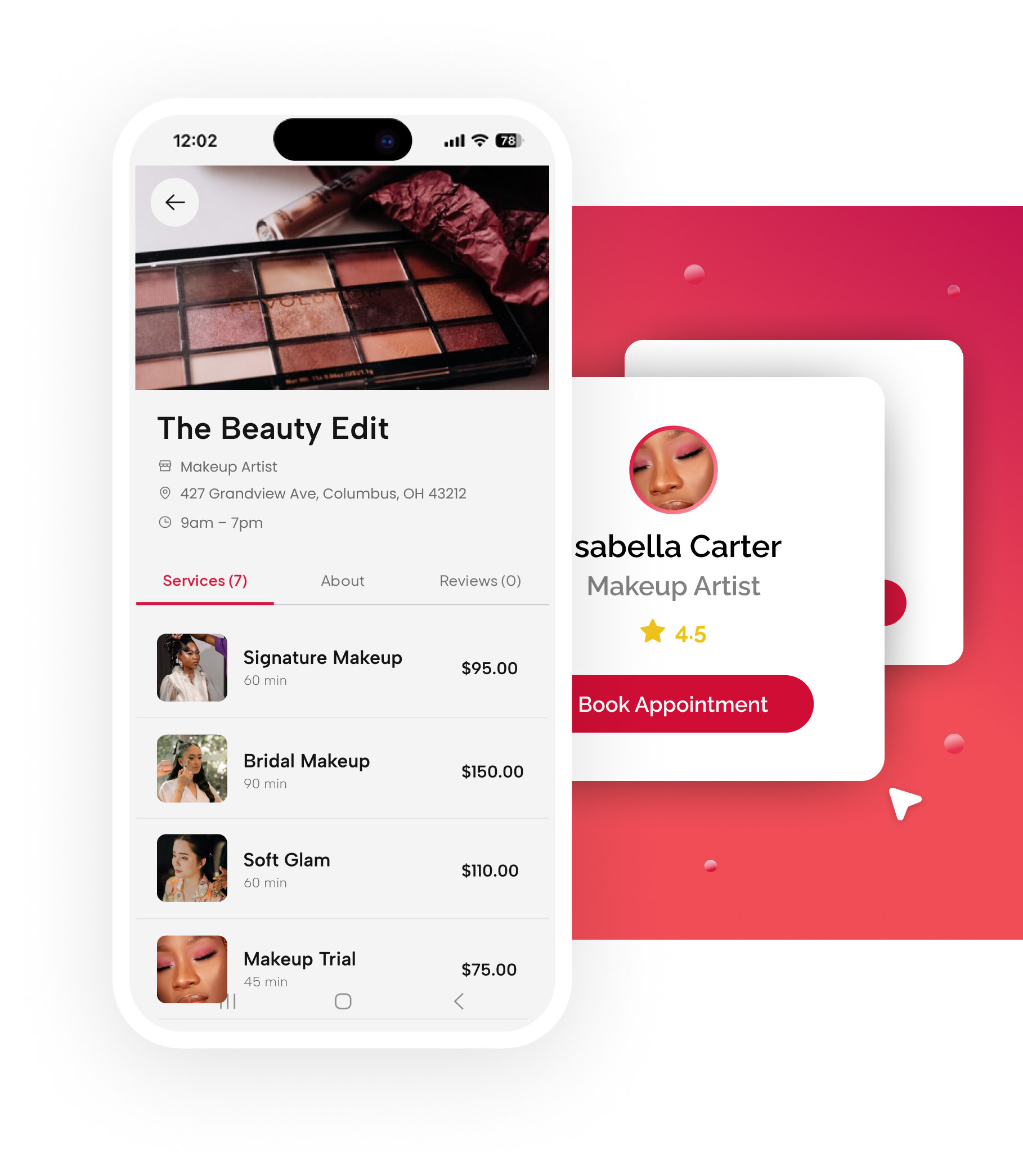 The Beauty Edit page in the Fidden app, listing signature and bridal makeup with prices beside the artist's booking card