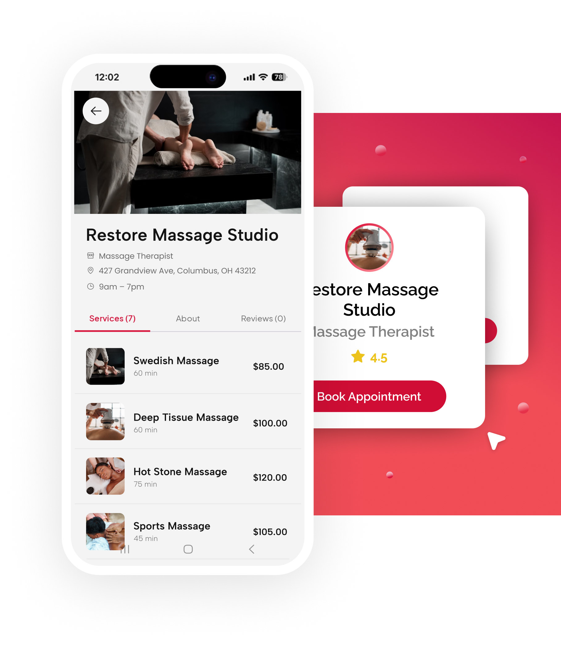 The Restore Massage Studio page in the Fidden app, listing Swedish, deep tissue and hot stone massage with prices beside the studio's booking card