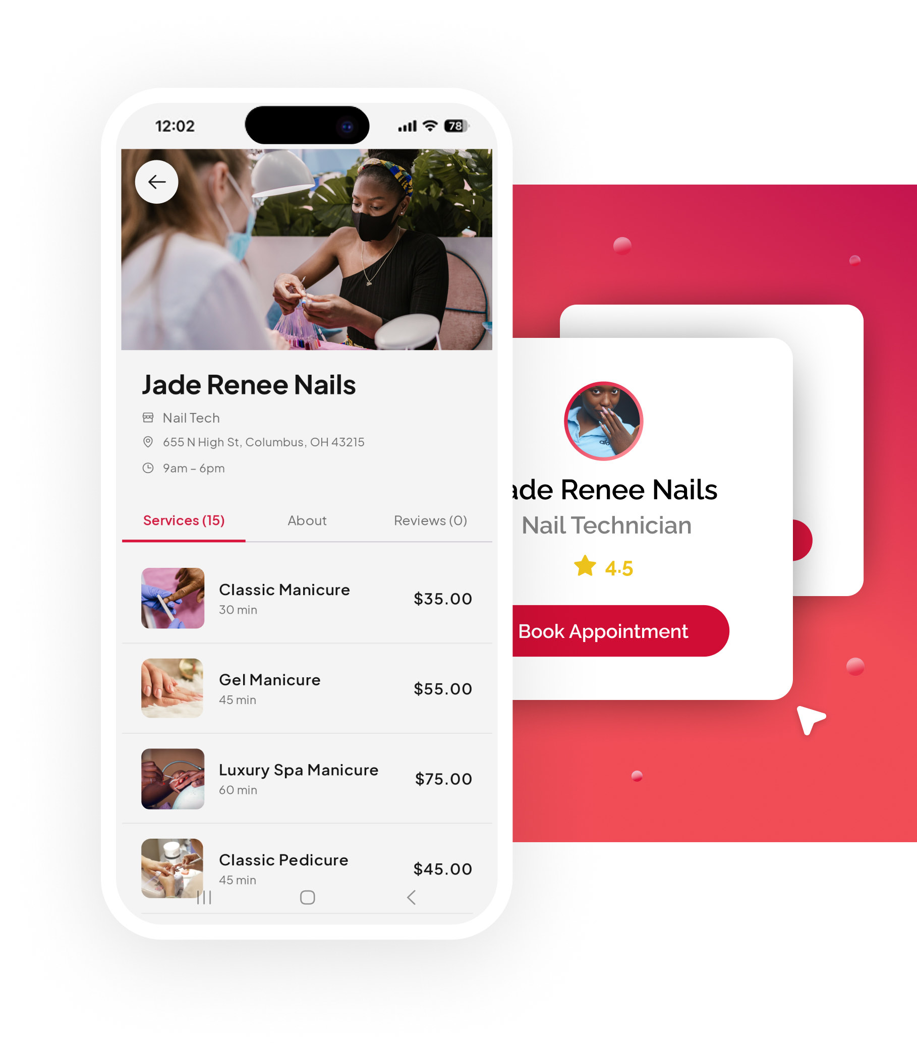 The Jade Renee Nails page in the Fidden app, listing manicures and pedicures with prices beside the studio's booking card