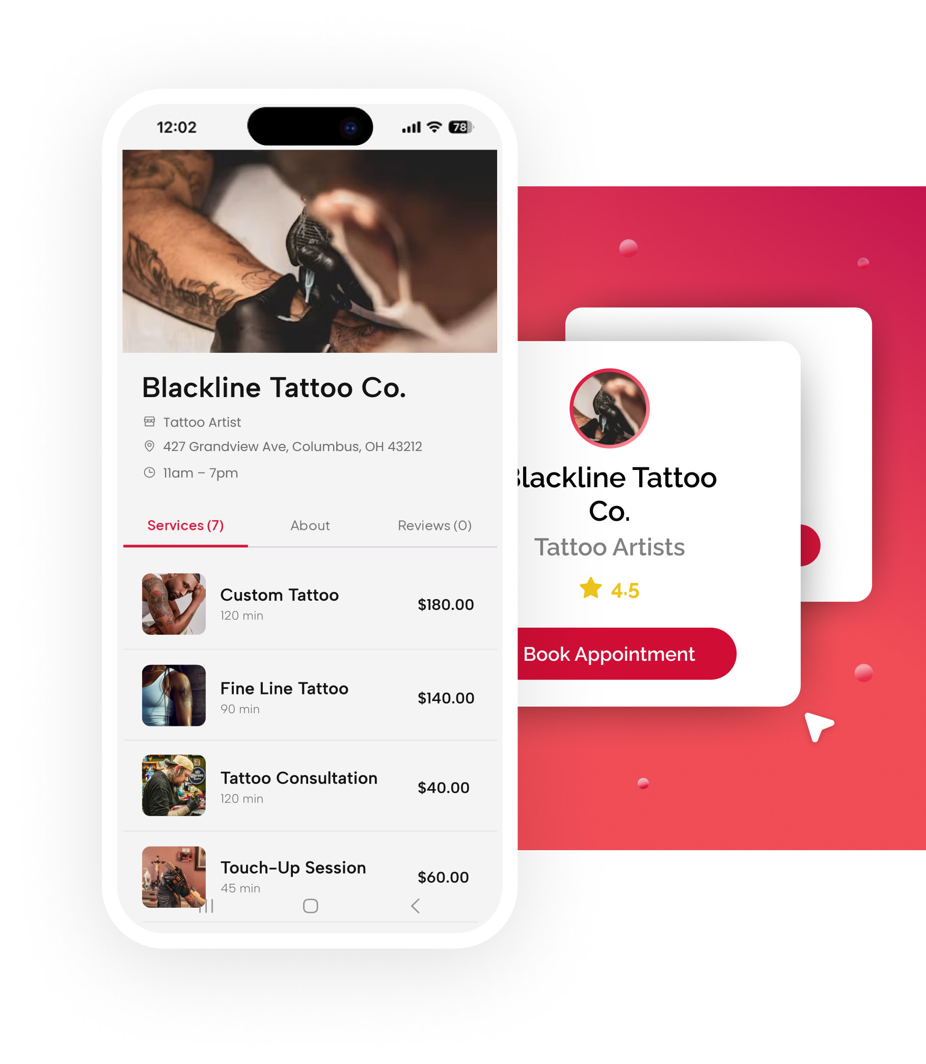 The Blackline Tattoo Co. page in the Fidden app, listing custom, fine line and touch-up work with prices beside the studio's booking card