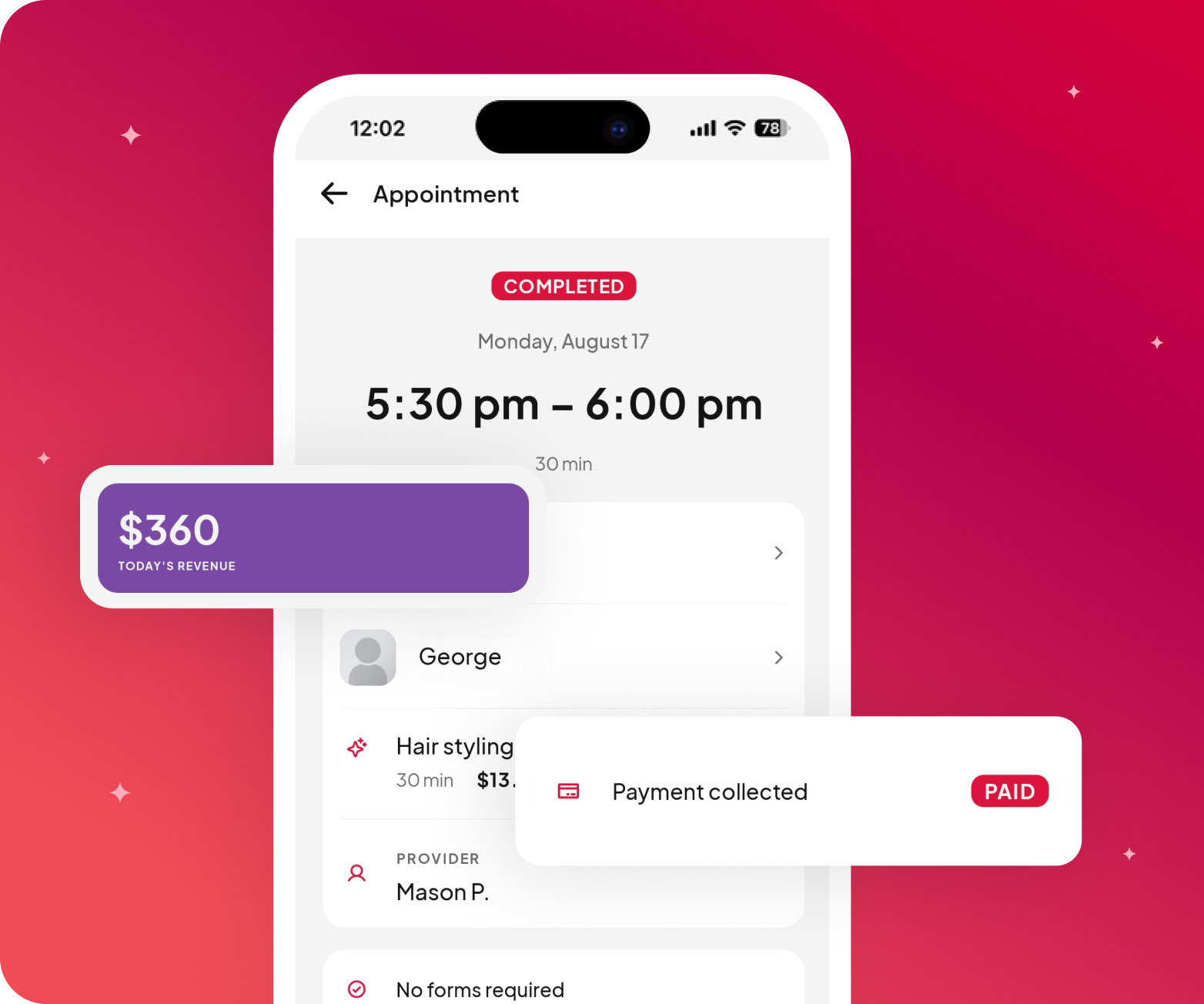 A confirmed appointment in the Fidden app with its $360 payment already collected