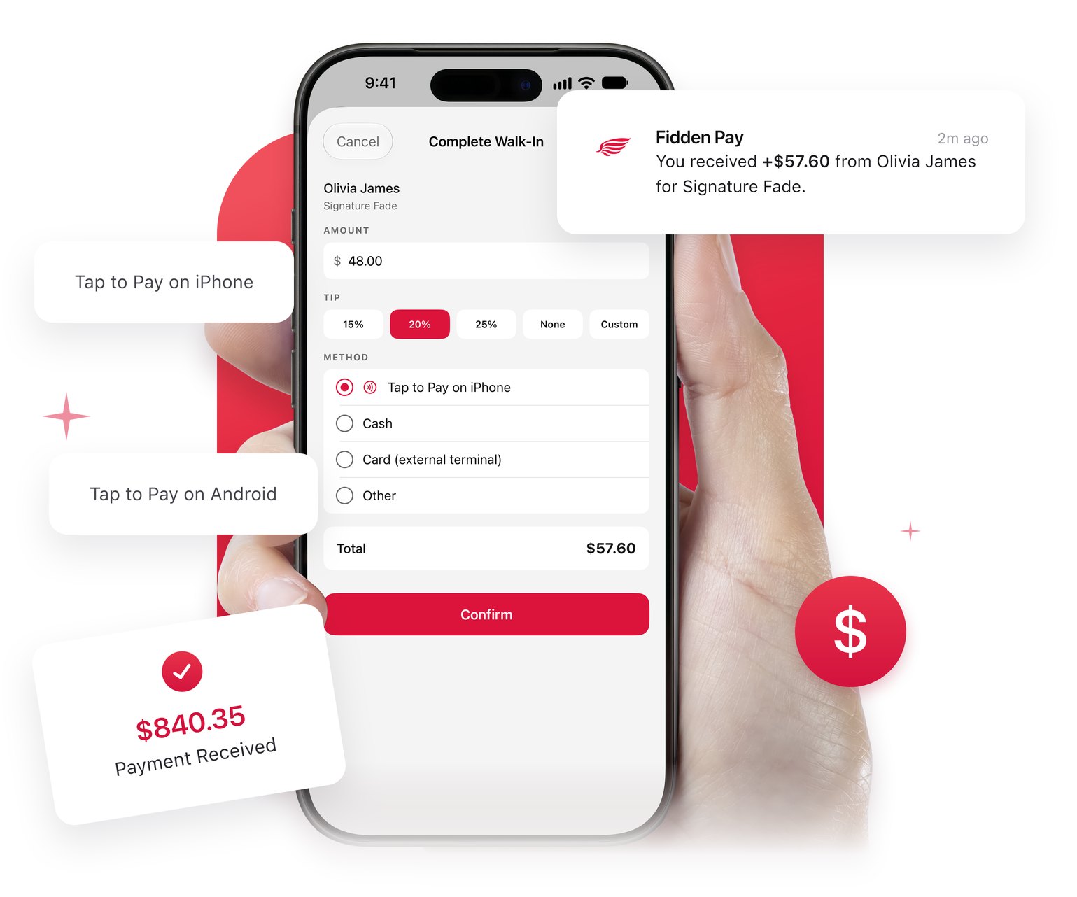 A hand holding an iPhone that completes a $57.60 walk-in by Tap to Pay on iPhone